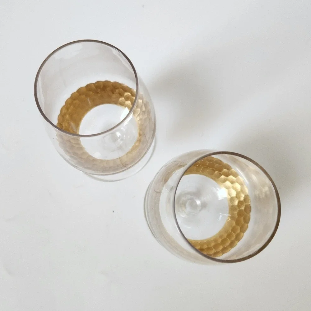Fitz Floyd Short Stem Wine Goblet Glasses Set of 2 Gold Tone Hammered Honeycomb